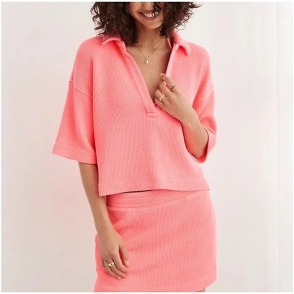 Aerie Polo Oversized Sweatshirt Coral Pink Comfy Loungewear‎ Sporty Small